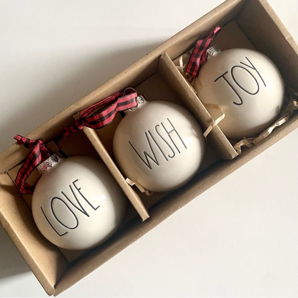 Rae Dunn Love, Wish & Joy Ornaments In Box, Holiday Ornament Trio